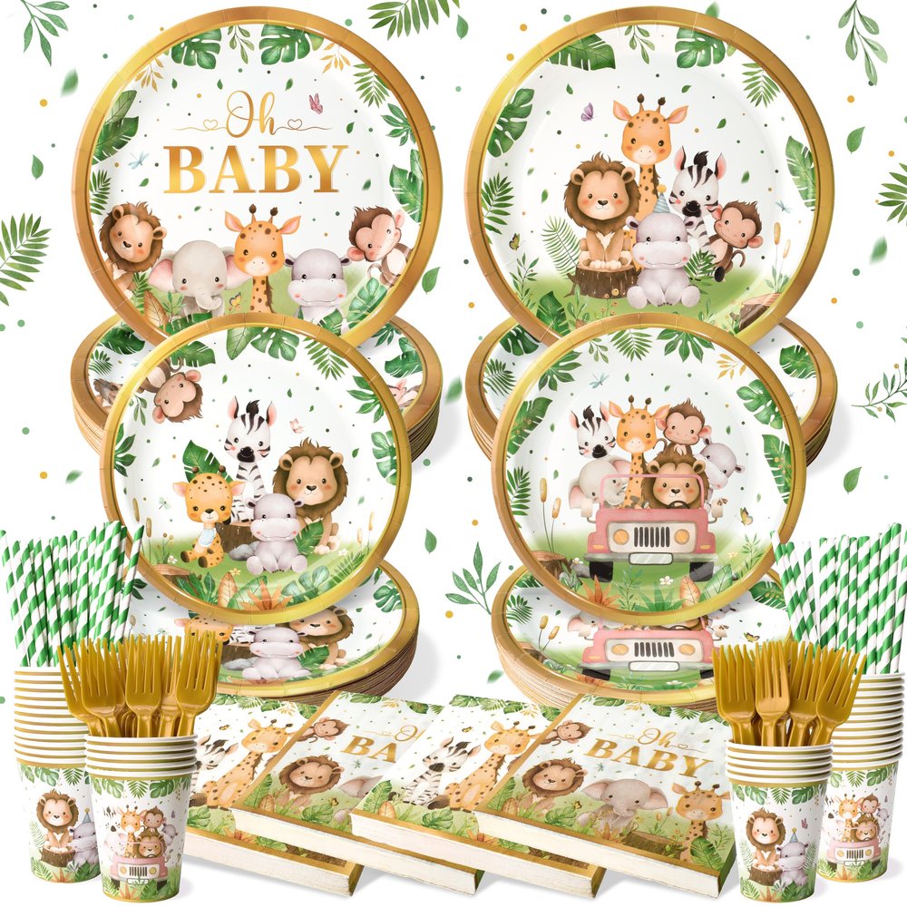 144 Pcs Safari Baby Shower Plates and Napkins (Serves 24 Guests), Plates Napkins Cups Straws and Forks Sets, Party Supplies, Jungle Safari Baby Shower Decorations