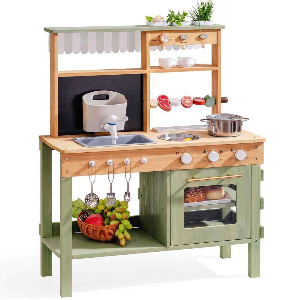 ROBOTIME Mud Kitchen for Kids, Outdoor Wooden Playset with Mud Kitchen, Sink, BBQ Grill, Coffee Maker, Planting Area & Oven, Pretend Play Kitchen for Outdoor Fun Ages 3+