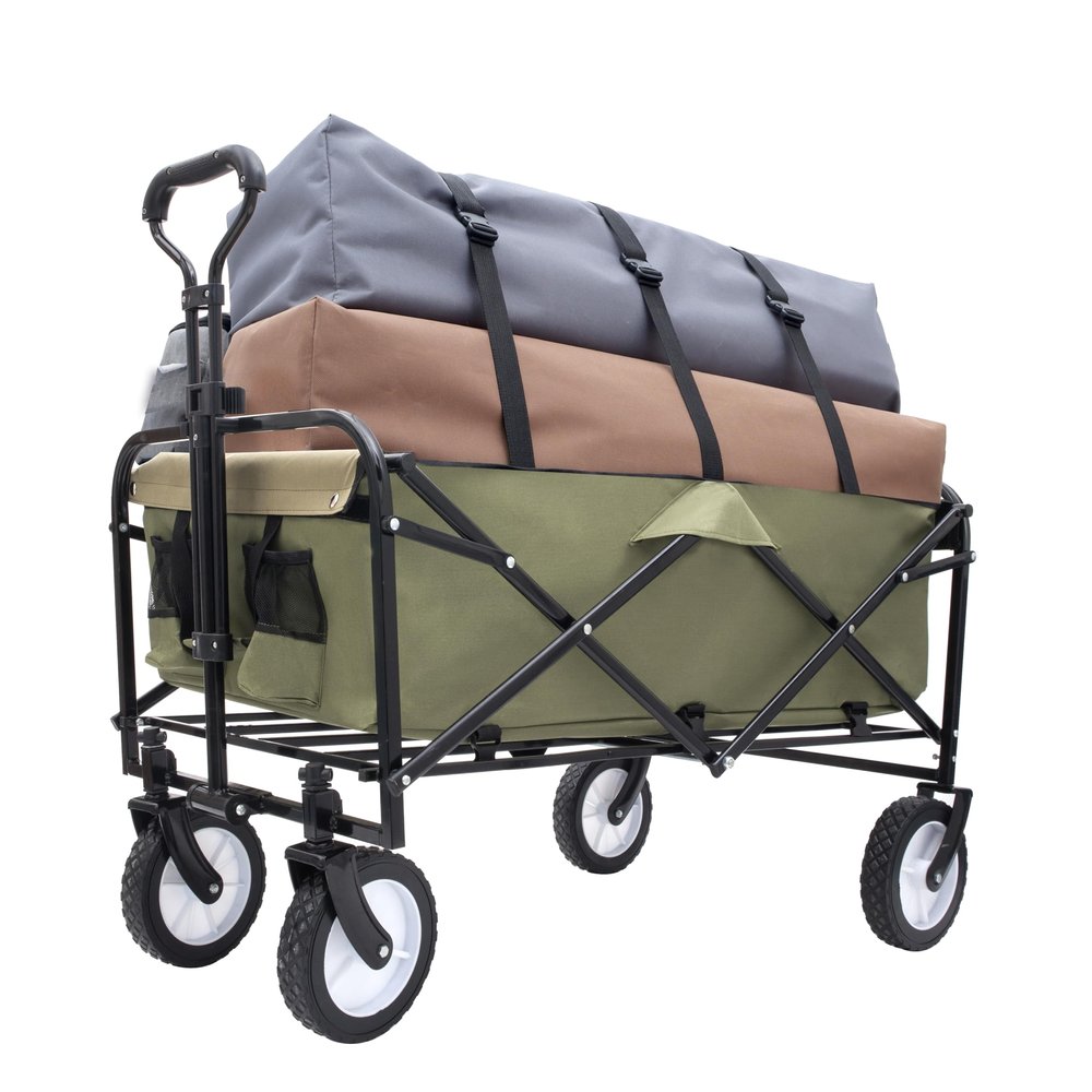 360lbs Collapsible Foldable Wagon Cart with Strapping System & 3-Pcs Plastic Liner - Beach, Utility, Grocery Cart for Camping, Shopping, Sports, Gardening & Fishing (Green)
