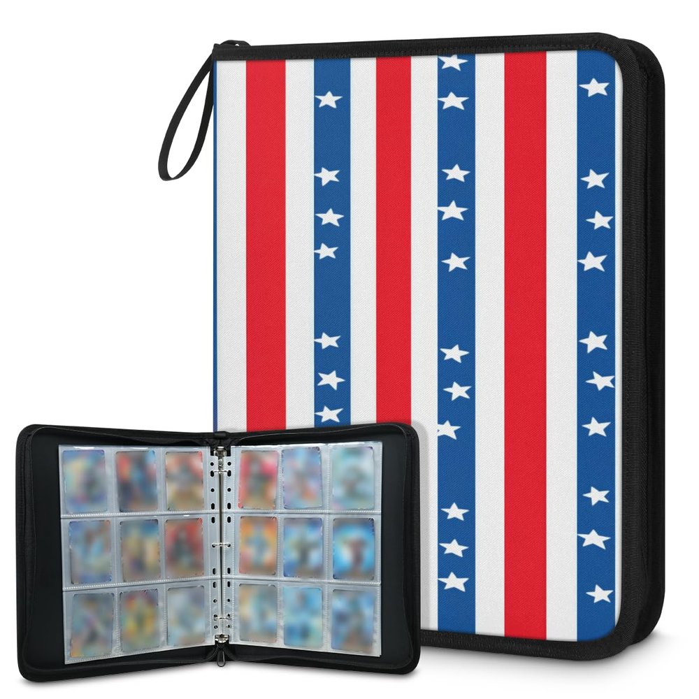 Kuquteed White Stars Trading Card Binder 4 Pocket 400 Cards Holder Collector Album with 50 Removable Sleeves Gifts for Boys Girls Red Blue Stripeds Game Sports Cards