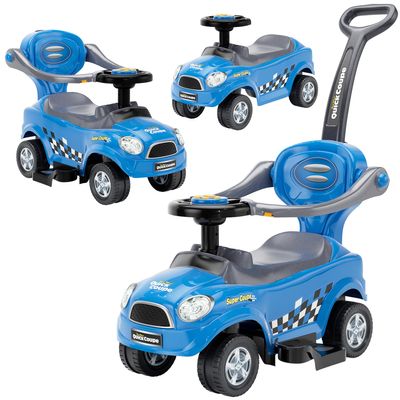 ChromeWheels 3 in 1 Ride on Push Car for Toddlers with Removable Handle/Guardrails/Pedal, Horn, Music, Under Seat Storage (Blue)
