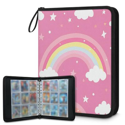 Kuquteed Pink Rainbow Trading Card Binder 4 Pocket 400 Cards Holder Collector Album with 50 Removable Sleeves Gifts for Boys Girls Stars Clouds Game Sports Cards