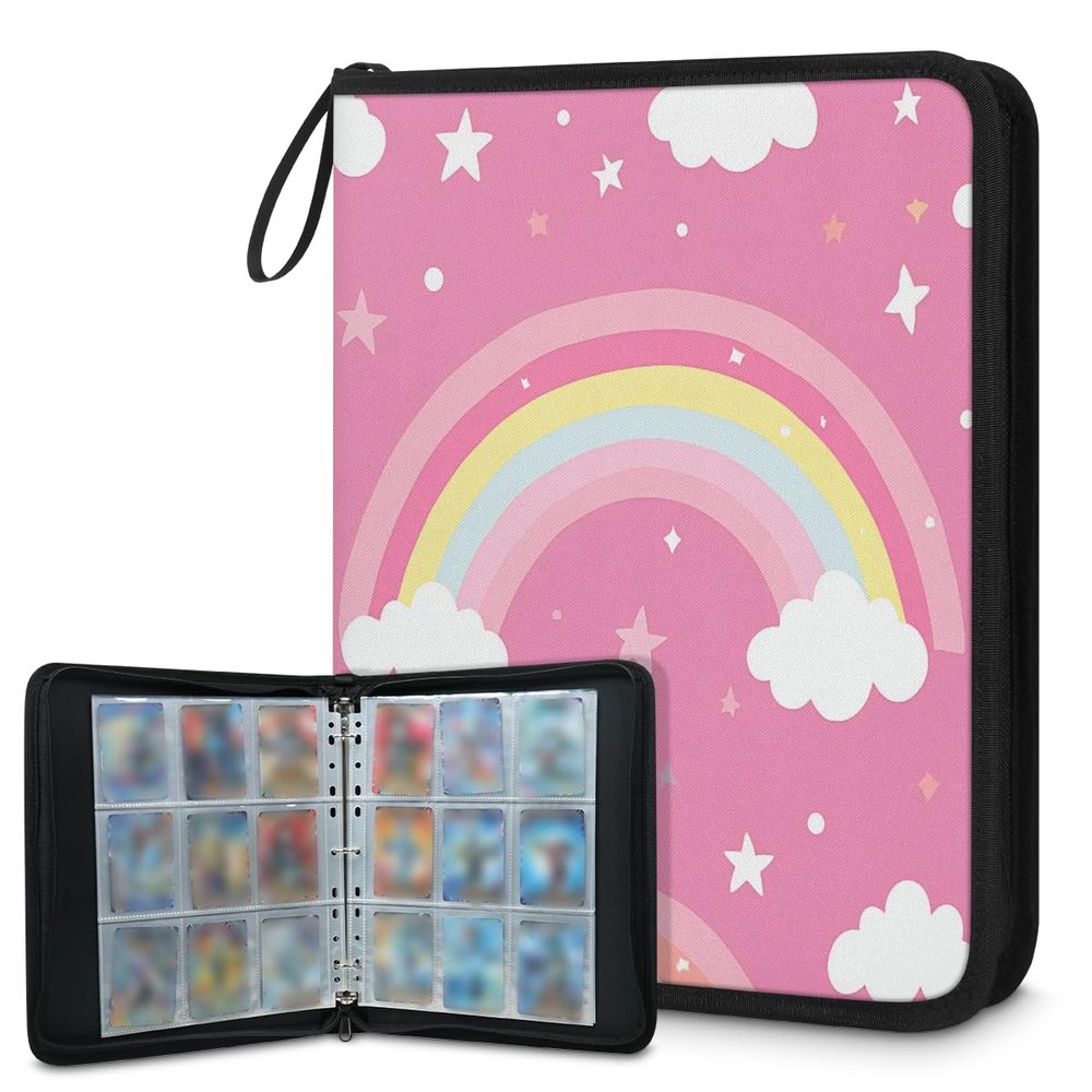 Kuquteed Pink Rainbow Trading Card Binder 4 Pocket 400 Cards Holder Collector Album with 50 Removable Sleeves Gifts for Boys Girls Stars Clouds Game Sports Cards