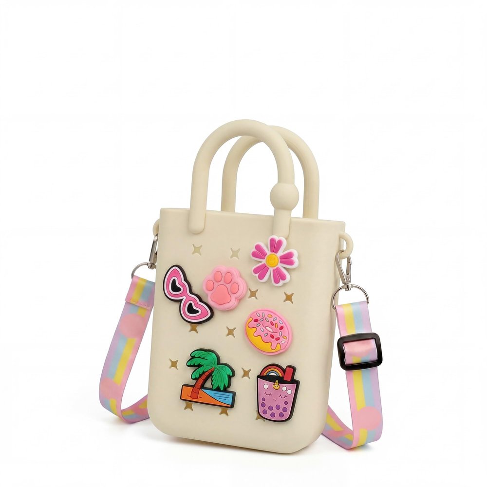 Rolling Art Mini Rubber Tote Bag, Mini Beach Bag for Kids - Rubber Beach Tote, Small Rubber Beach Bag with DIY Charms, Cute Kids Tote Bag Gift Set with Box (cream color 4.92"x1.89"x8.94")