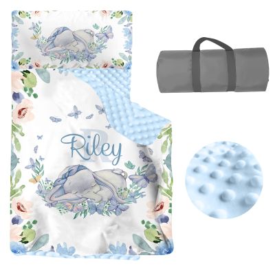 Personalized Toddler Nap Mat with Pillow and Blanket, Custom Name Kids Nap Mats Boys Girls, Rolled Napping Mats Sleeping Bag for Daycare Preschool Travel Camping, Elephant Theme