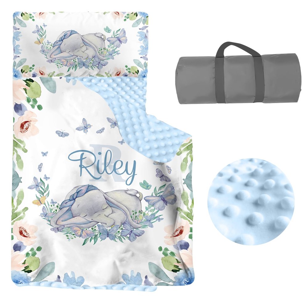 Personalized Toddler Nap Mat with Pillow and Blanket, Custom Name Kids Nap Mats Boys Girls, Rolled Napping Mats Sleeping Bag for Daycare Preschool Travel Camping, Elephant Theme