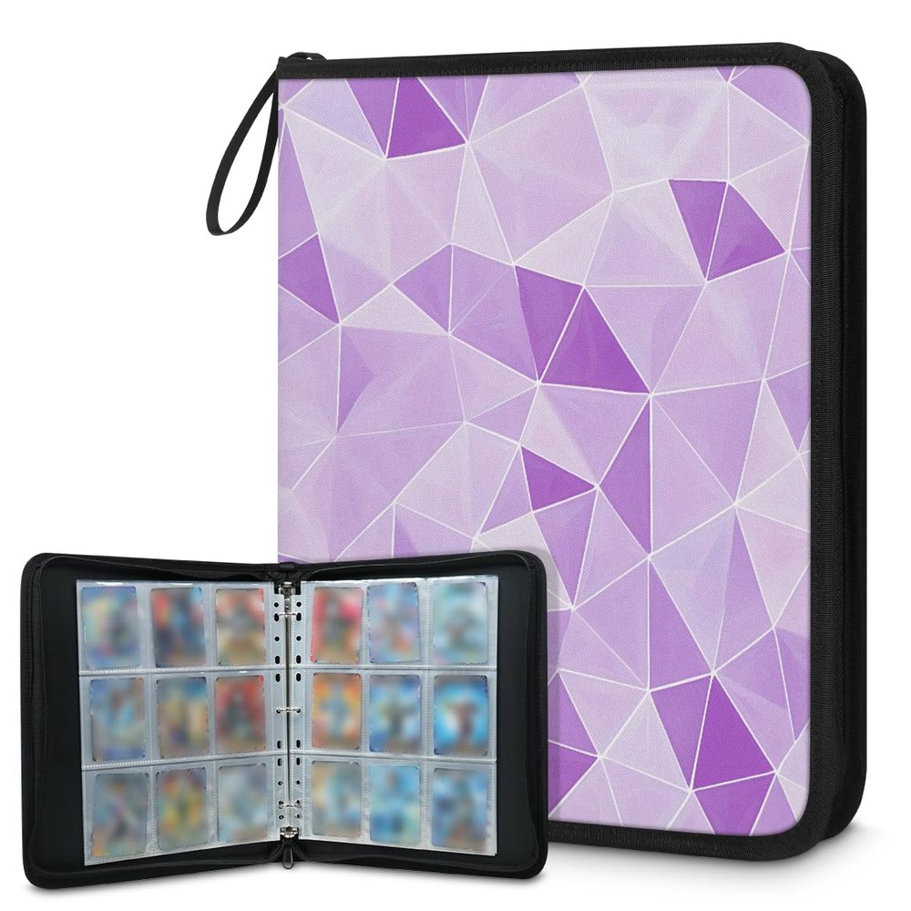 Kuquteed Abstract Triangle Trading Card Binder 9 Pocket 900 Cards Holder Collector Album with 50 Removable Sleeves Gifts for Boys Girls Purple Geometric Game Sports Cards