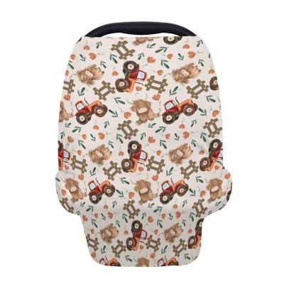 5-in-1 Unisex Farm Animals Floral Pattern Baby Carseat Stroller Cover for Boys Girls, Highland Cow Flower Tractor Infant Toddler Privacy Nursing Breastfeeding Canopy, Grocery Shopping Cart Cover-24x28