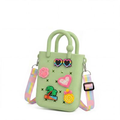 Rolling Art Mini Rubber Tote Bag, Mini Beach Bag for Kids - Rubber Beach Tote, Small Rubber Beach Bag with DIY Charms, Cute Kids Tote Bag Gift Set with Box (apple green 4.92"x1.89"x8.94")
