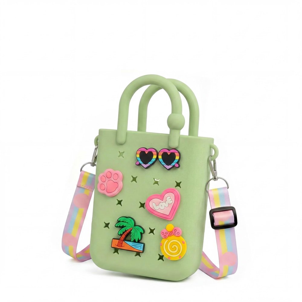 Rolling Art Mini Rubber Tote Bag, Mini Beach Bag for Kids - Rubber Beach Tote, Small Rubber Beach Bag with DIY Charms, Cute Kids Tote Bag Gift Set with Box (apple green 4.92"x1.89"x8.94")