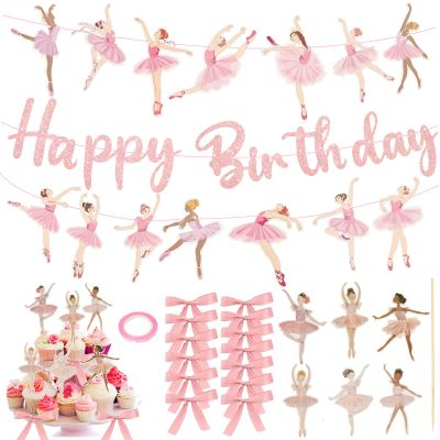 22 PCS Pink Bows Ballet Party Decorations, Ballerina Cake Topper, Ballerina Dancer Banner, Pink Wedding Cupcake Toppers, Women Birthday Wedding Shower Ballet Theme Supplies