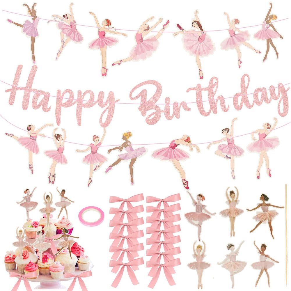 22 PCS Pink Bows Ballet Party Decorations, Ballerina Cake Topper, Ballerina Dancer Banner, Pink Wedding Cupcake Toppers, Women Birthday Wedding Shower Ballet Theme Supplies