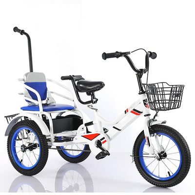 JIYIAN Leisure Pedal Tricycle,Twins 3 Wheel Bike with Armrest Adjustable Saddle Enlarge The Basket to Hold More Items Anti-Skid and Wear-Resistant Tires Little Boys, Girls Ride on,Blue,14 inches