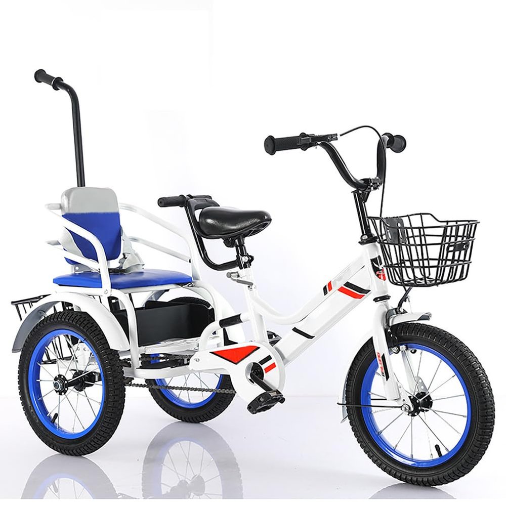 JIYIAN Leisure Pedal Tricycle,Twins 3 Wheel Bike with Armrest Adjustable Saddle Enlarge The Basket to Hold More Items Anti-Skid and Wear-Resistant Tires Little Boys, Girls Ride on,Blue,14 inches