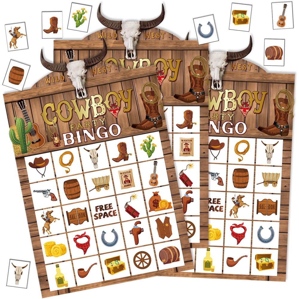 Blosssound Cowboy Bingo Game Set Bingo Cards for 24 Players Wild West Party Game for Family Activities Rodeo Holiday Cards for Western Party Favor
