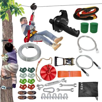 SZHTMZXC 110/130/150/180ft Zipline Kit for Kids and Adults 350Lbs Backyard, Zip Line Stainless Steel Spring Brake, Adjustable Seat, Dual Tightening, Easy Installation Outdoor Adventure Equipment