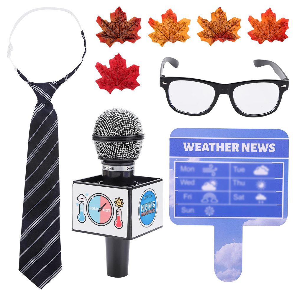2 MULE TEAM Kids Meteorologist Costume Set Weather Toys for Kids Glasses Microphone Weather Man Necktie Maple Leaves Weather Chart Prop for Career Day Party