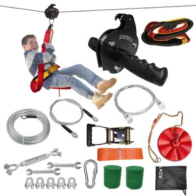 SZHTMZXC 110/130/150/180ft Zipline Kit for Kids and Adults 350Lbs Backyard, Zip Line Stainless Steel Spring Brake, Adjustable Seat, Dual Tightening, Easy Installation Outdoor Adventure Equipment