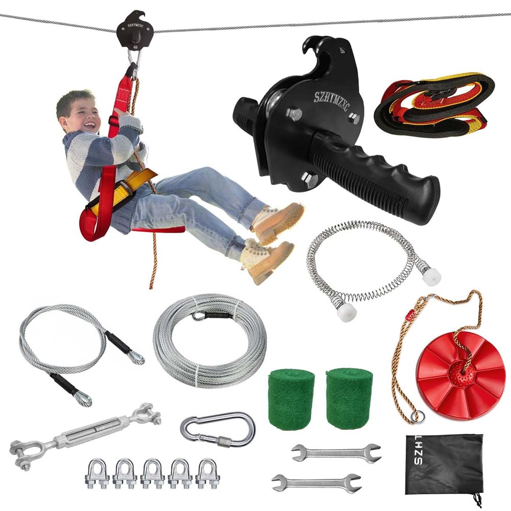 SZHTMZXC 110/130/150/180ft Zipline Kit for Kids and Adults 350Lbs Backyard, Zip Line Stainless Steel Spring Brake, Adjustable Seat, Easy Installation Outdoor Adventure Equipment
