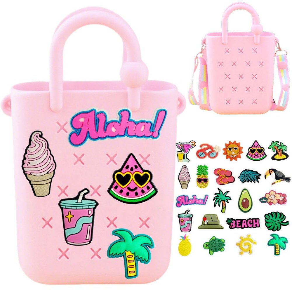 Mini Silicone Tote Bag, Rubber Beach Tote with Adjustable Strap &22 Cute Decorations for Little Girl & Woman