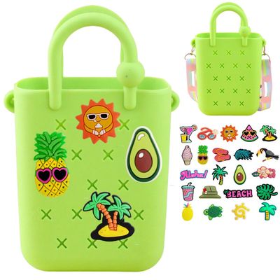 Mini Silicone Tote Bag, Rubber Beach Tote with Adjustable Strap &22 Cute Decorations for Little Girl & Woman