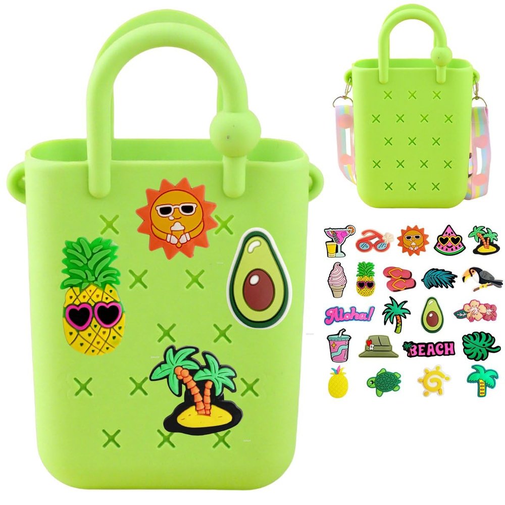 Mini Silicone Tote Bag, Rubber Beach Tote with Adjustable Strap &22 Cute Decorations for Little Girl & Woman