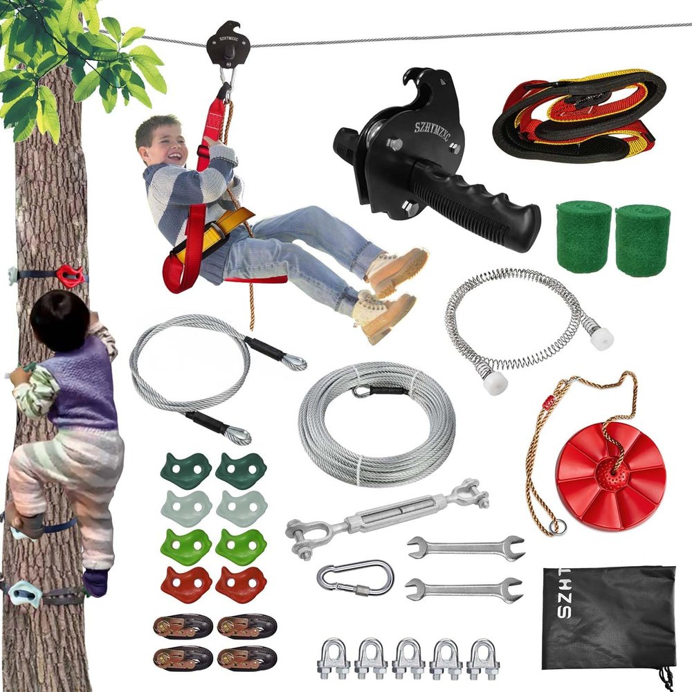 SZHTMZXC 110/130/150/180ft Zipline Kit for Kids and Adults 350Lbs Backyard, Zip Line Stainless Steel Spring Brake, Adjustable Seat, Easy Installation Outdoor Adventure Equipment