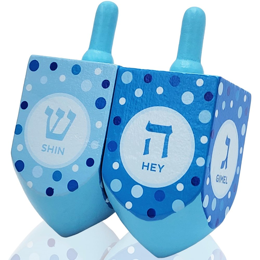 The Dreidel Company Extra Large Hand Painted Wood Hanukkah Dreidels, 24-Pack Pastel Blue & White Design