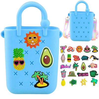 Mini Silicone Tote Bag, Rubber Beach Tote with Adjustable Strap &22 Cute Decorations for Little Girl & Woman