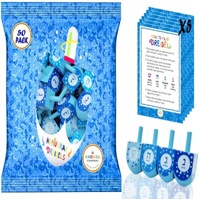 The Dreidel Company Hand Painted and Wooden Pastel Blue & White Design Dreidels, 50-Pack The Hanukkah Game Includes Instruction Game Card