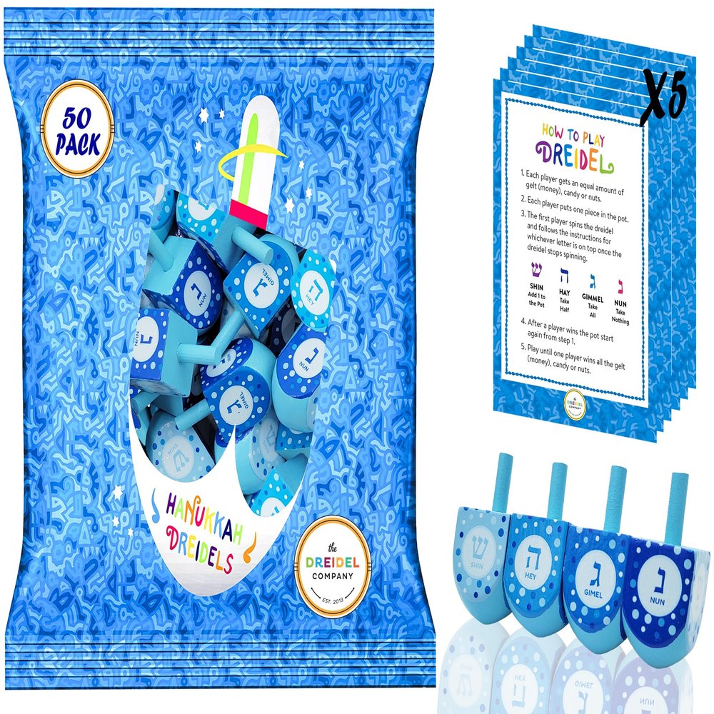 The Dreidel Company Hand Painted and Wooden Pastel Blue & White Design Dreidels, 50-Pack The Hanukkah Game Includes Instruction Game Card