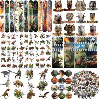 122 PCS Realistic Dinosaur Party Favors, Forest Dinosaur Birthday Decorations, Prehistoric Dinosaur Notebook, Slap Bracelets, Dinosaur Stickers, Paper Headbands, Badge, Keychains, Dinosaur Tattoos