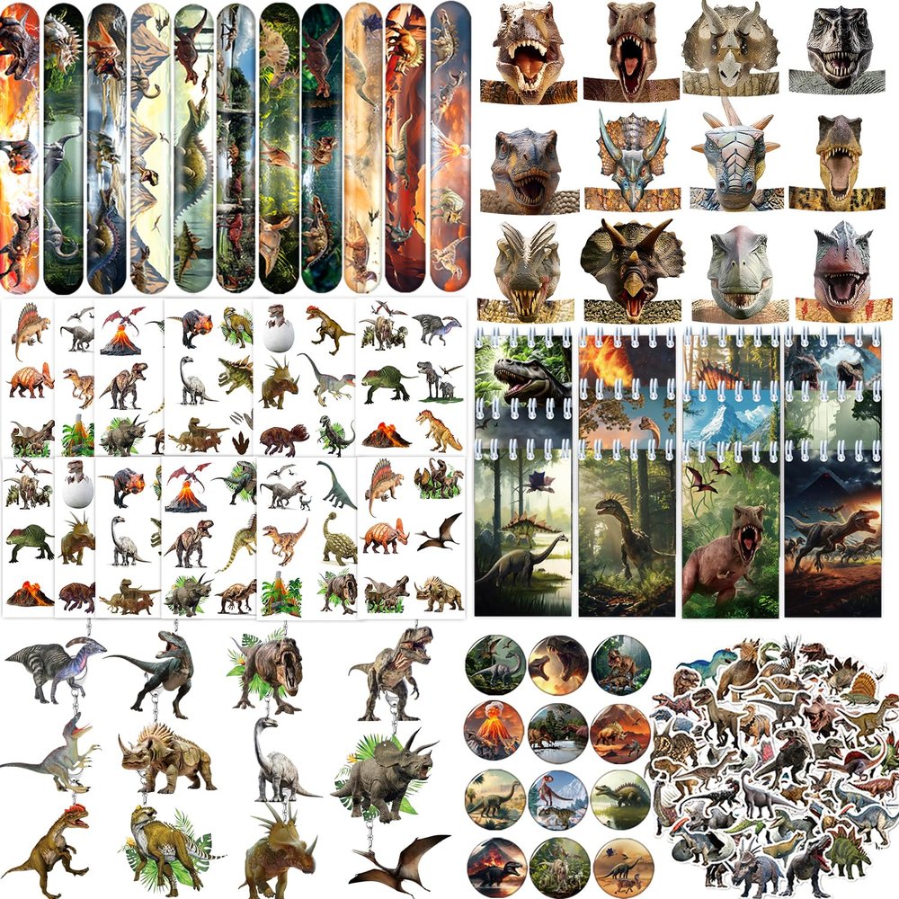 122 PCS Realistic Dinosaur Party Favors, Forest Dinosaur Birthday Decorations, Prehistoric Dinosaur Notebook, Slap Bracelets, Dinosaur Stickers, Paper Headbands, Badge, Keychains, Dinosaur Tattoos