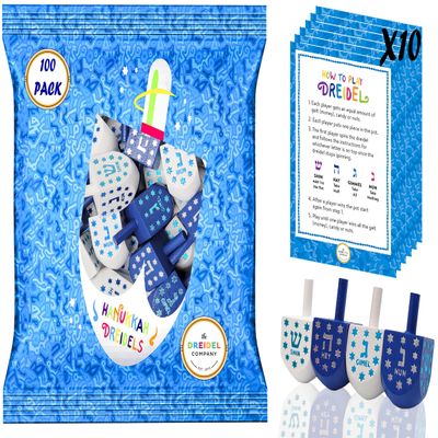 The Dreidel Company Hand Painted and Wooden Dreidel, 100-Pack Light Blue & White Star Design, The Hanukkah Game Includes Instruction Game Card
