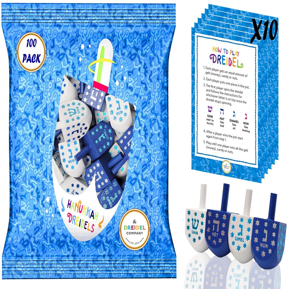 The Dreidel Company Hand Painted and Wooden Dreidel, 100-Pack Light Blue & White Star Design, The Hanukkah Game Includes Instruction Game Card