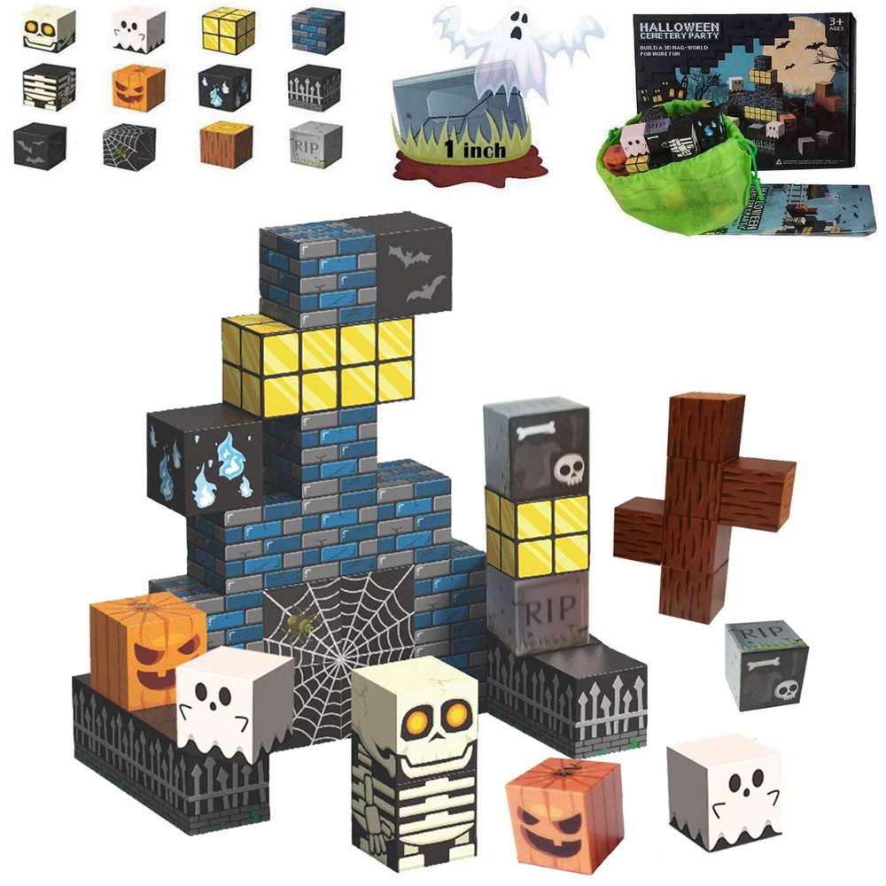 amdohai Magnetic Blocks Kids Skeleton Toy Spooky Town Building Blocks Halloween Themed Toys (1 inch)
