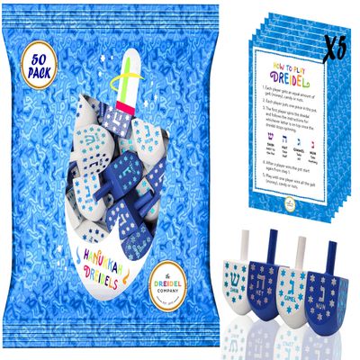 The Dreidel Company Hand Painted and Wooden Dreidel, 50-Pack Light Blue & White Star Design, The Hanukkah Game Includes Instruction Game Card
