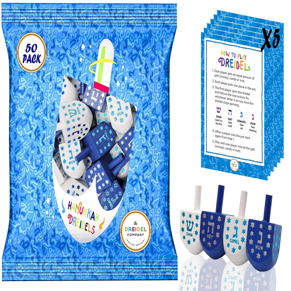 The Dreidel Company Hand Painted and Wooden Dreidel, 50-Pack Light Blue & White Star Design, The Hanukkah Game Includes Instruction Game Card