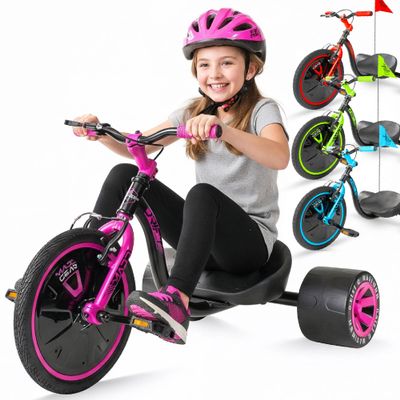 Drift Trike for Kids Ages 5+ 16" Front Wheel Ride-On with Adjustable Seat, Steel Frame, Rear Slick Drift Wheels & Safety Flag Madd Gear (Pink/Teal)