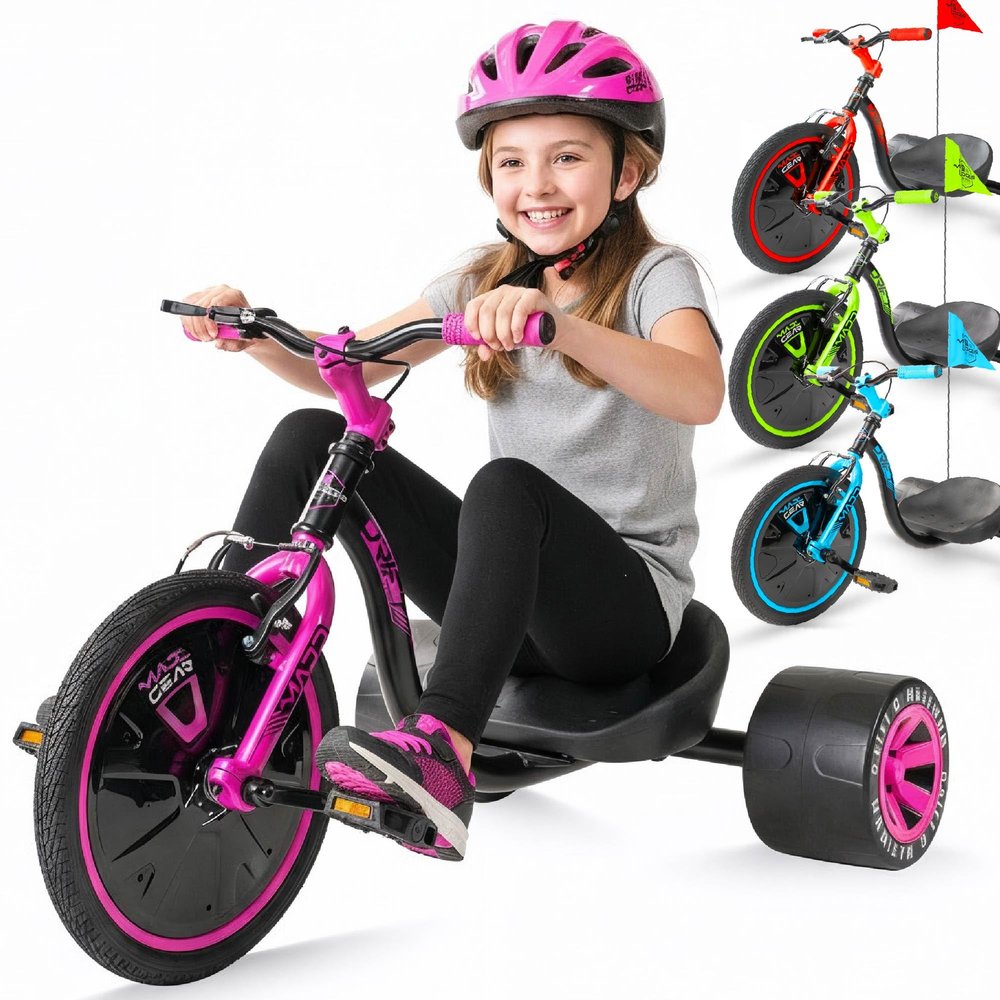 Drift Trike for Kids Ages 5+  16" Front Wheel Ride-On with Adjustable Seat, Steel Frame, Rear Slick Drift Wheels & Safety Flag  Madd Gear (Pink/Teal)
