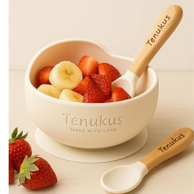 Silicone Suction Baby Bowl and Spoon Set BPA-Free, Soft-Tip Spoon Ivory | Baby Feeding Essentials by Tenukus