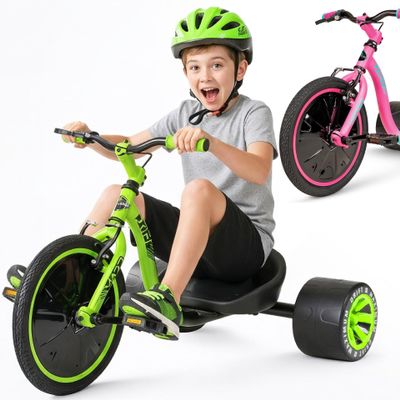 Drift Trike for Kids Ages 5+ 16" Front Wheel Ride-On with Adjustable Seat, Steel Frame, Rear Slick Drift Wheels & Safety Flag Madd Gear Green Black