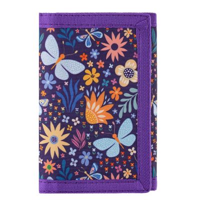DEEKI Trifold Canvas Outdoor Sports Wallet for Boys Girls Teen Kids Lovely Wallet with Magic Sticker Kids Birthday Festivals Gifts(Flower and Butterfly Purple)