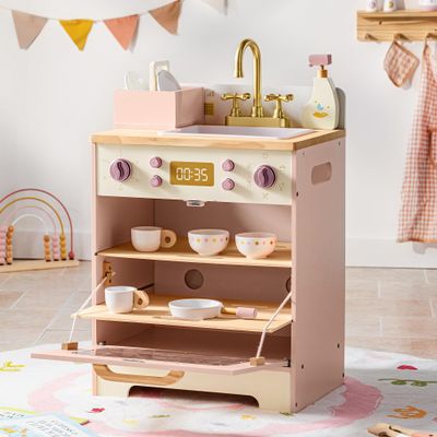 ROBOTIME Wooden Toy Dishwasher Sink Pink Pretend Kitchen Toy with Gold Faucet, Turning Knobs, Dish Rack, Plates, Bowls, Cups Montessori Wooden Play Kitchen for Girls Ages 3+