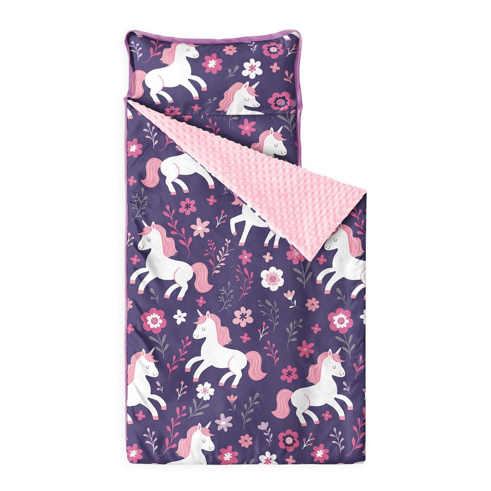 Wake In Cloud - Toddler Nap Mat with Pillow and Minky Fleece Blanket, for Kids Girls in Daycare Preschool Kindergarten, Roll Up Sleeping Bag, Cute Unicorn Floral Botanical, Dark Purple, Standard