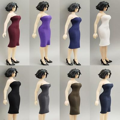 1/12 Scale Female Clothes, Belted Dress Strapless Dress for 6-inches Action Figure Body, 1/12 Female Doll Costume Tight-Fitting Skintight Short Hip Skirt Dress (Light Purple, Strapless Long Dress)