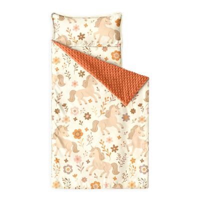 Wake In Cloud - Toddler Nap Mat with Pillow and Minky Fleece Blanket, for Kids Girls in Daycare Preschool Kindergarten, Roll Up Sleeping Bag, Cute Unicorn Floral Botanical, Light Beige, Standard