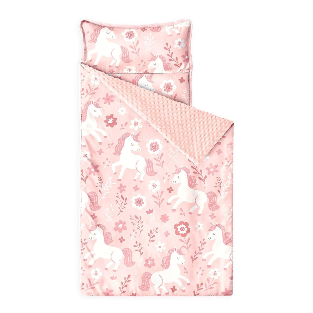 Wake In Cloud - Toddler Nap Mat with Pillow and Minky Fleece Blanket, for Kids Girls in Daycare Preschool Kindergarten, Roll Up Sleeping Bag, Cute Unicorn Floral Botanical, Blush Pink, Standard