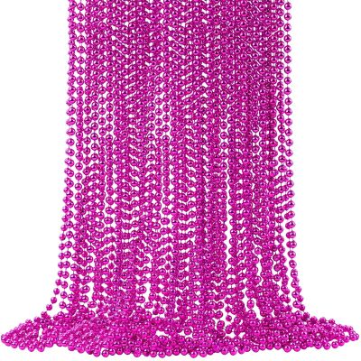 24 PCS Hot Pink Beads Necklaces, 33 Pink Mardi Gras Beads, Round Cancer Beaded Necklace, Party Necklace for Mardi Gras, Christmas, Valentine's Day Party Favors