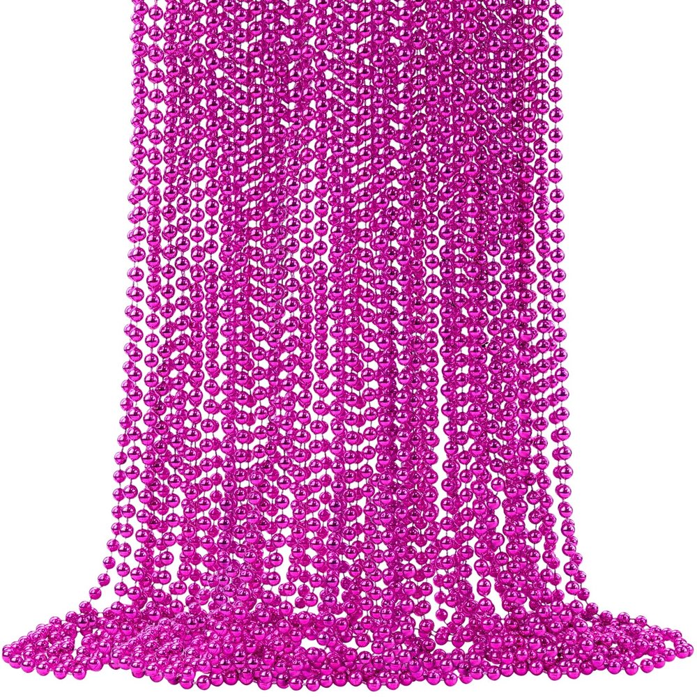 24 PCS Hot Pink Beads Necklaces, 33 Pink Mardi Gras Beads, Round Cancer Beaded Necklace, Party Necklace for Mardi Gras, Christmas, Valentine's Day Party Favors